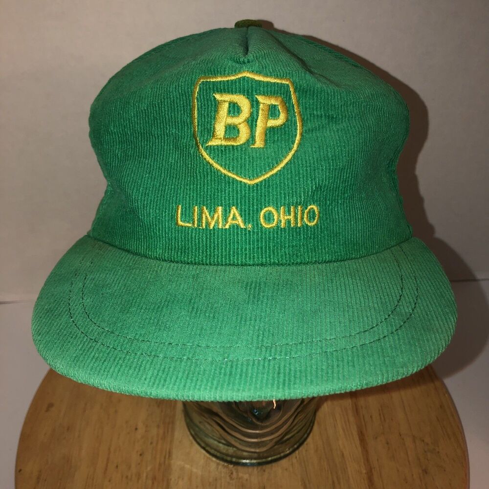 Vintage BP OIL Lima Ohio 80s USA Green Corduroy Hat Cap Snapback Gold Stitching - Picture 2 of 12